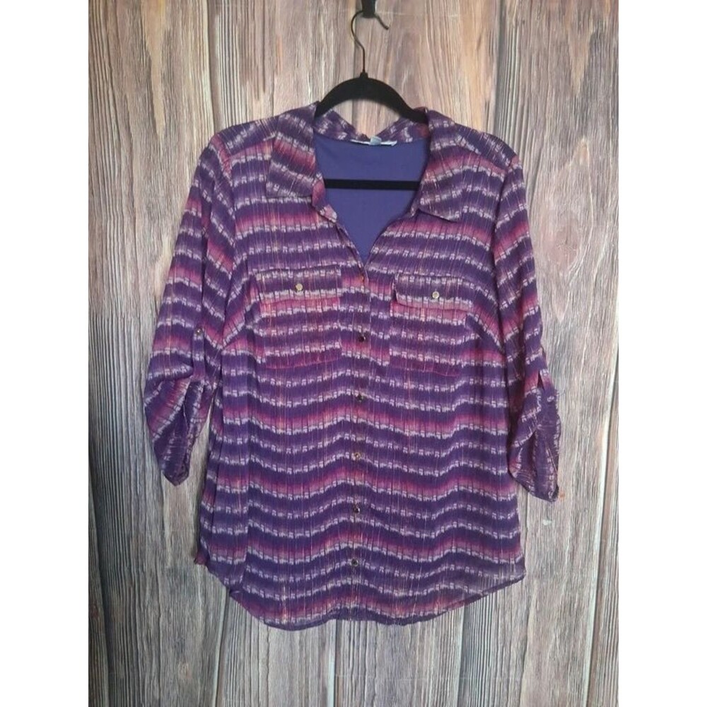 Rebecca Malone purple and pink button up blouse 3/4 sleeve size 1XL